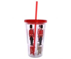 Puckator CUP10 - Bicchiere in plastica con Cannuccia e Coperchio, Design Guardia Reale, 10 x 10 x 16 cm, Colore: Rosso/Nero/Trasparente