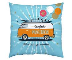 Happy Life 46424 - Cuscino decorativo in cotone, motivo: autobus, dimensioni 40 x 40 cm, colore: azzurro e arancione