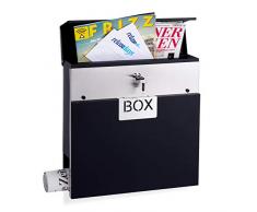 Relaxdays Cassetta Postale in Acciaio Inox, con Serratura e Porta-giornali, Nero, HxLxP: 37 x 37 x 11 cm