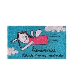 laroom Zerbino Motivo Bienvenue Dans Mon Monde, Jute And Base Antiscivolo, Blu, 40Â x 70Â x 1.8Â cm