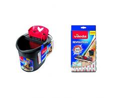 Vileda Revolution Sistema Lavapavimenti con Secchio, Strizzatore e Piastra, con 1 Panno in Microfibra, Ferro, Nero/Rosso & Revolution Microfibra 2 in 1, Panno Ricambio, Bianco