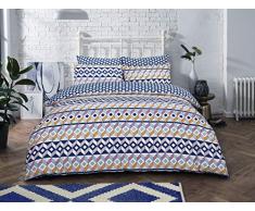 Sleepdown - Set di Biancheria da Letto Matrimoniale con Motivo Geometrico a Righe, in Misto Cotone, Colore: Blu
