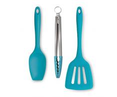 Zeal JSET27A Set di 3 Silicone antiaderenti, pinze da Cucina e spatola per Cottura â Aqua, Acqua