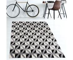 TAPISO MAROKO Tappeto Moderno a Pelo Corto, Geometrico, Zig-Zag, Motivo a Quadri, 3D, in Nero, Grigio, Crema, per Soggiorno, Camera da Letto, ecotex, 80 x 150 cm