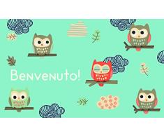 GIFTCOMPANYITALY OGGETTI IDEE DESIGN Zerbino Benvenuto Gufi, Cocco e PVC, Celeste, 75x1.5x45 cm