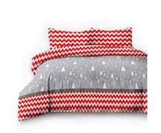 AmeliaHome Biancheria da letto in flanella 135 x 200 cm con 2 federe 80 x 80 cm 100% cotone copripiumino con chiusura lampo Snuggy Collection Christmas Mess Albero di Natale bianco rosso grigio, Castoro Cotone, Christmas Mess, 200x200 + 2*80x80