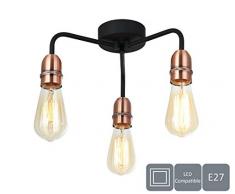 HARPER LIVING, 3 x E27/ES lampada da soffitto semi-filo nero con finitura in rame, adatto per laggiornamento LED, ideale per soggiorno, camera da letto, cucina, corridoio, hotel, B & B, metallo