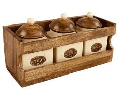 Geko - Scaffale in Legno con 3 vasetti in Ceramica, Legno, Marrone, 32,5 x 13 x 16,5 cm