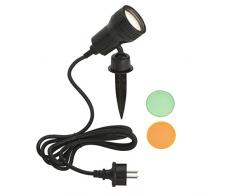 Lampada da esterno, da giardino, da terra, 1Â X LED GU10Â 3Â W 250lm, incl. Filtro colore arancione, verde, con paletto e montaggio a parete, Testa Orientabile e 2,0Â m, con trasformatore, IP44, Nero