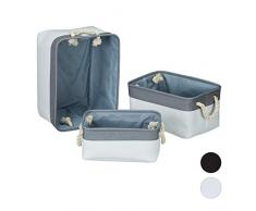 Relaxdays Ceste Portaoggetti in Set da 3, con Manici, 3 Grandezze, Rettangolari, per Scaffale & Armadio, Bianco-Grigio, Poliestere, 22 x 40 x 30 cm