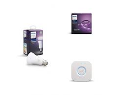 Philips Hue White and Color Lightstrip Plus, Striscia LED Smart da 200 cm + Lampadina Hue Smart Attacco E27, fino a 16 Milioni di Colori + Hue Bridge 2.0