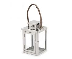H&H 8411622 Lanterna Inox, Quadrato, Manico a Cuoio, 13 x 13 x 22 cm, Argento, Vetro/Acciaio, 13x13x22 cm