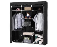 Armadio Guardaroba a 10 Ripiani in Tessuto E 2 Barre Porta Vestiti Accessori Scarpe, Organizzatore Armadio, Portascarpe Mobiletto Guardaroba, 175 x 150 x 45 cm (Colore Nero)