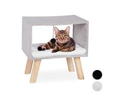 Relaxdays, Grigio Sgabello per Gatti, Cuccia Rialzata, Giaciglio, Pallina per Giocare e Cuscino, HxLxP: 41x40,5x30,5 cm, Confezione da 1 4 Gambe in Legno