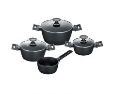 Berndes Alu Induction Kochtopfset 4-Teilig Batteria 7 Pezzi: Casseruola, Pentolino 16 cm, Coperchi in Vetro 16+20+24 cm, Alluminio Forgiato, Nero