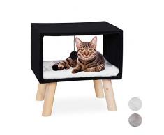 Relaxdays Sgabello per Gatti, Cuccia Rialzata, Giaciglio, Pallina per Giocare e Cuscino, HxLxP: 41x40,5x30,5 cm, Legno, Poliestere, Nero, 41 x 40,5 x 30,5 cm
