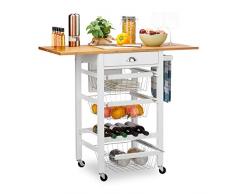 Relaxdays Carrello Cucina, Mobile con Piano Allungabile, Stile Rustico, 3 Cestini, Porta-Bottiglie, Penisola, Bianco, Pannelli MDF, bambù, Acciaio, 89 x 60 x 49 cm