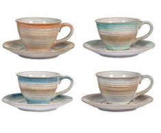 H&H Java Set 4 Tazze tè con Piattino, Stoneware, Colori Assortiti, 180 ml