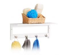 Relaxdays 10020923 Mensola da Parete, 4 Ganci, HxLxP: 17,5 x 50 x 16 cm, BambÃ¹, Appendiabiti Ingresso, Portasciugamani, Bianco