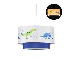 relaxdays Lampadario Dino, Rotonda, Paralume con Disegni di Dinosauri, Cameretta, Bambini, HxD: 126x30 cm, bianco/blu, 1 Pz