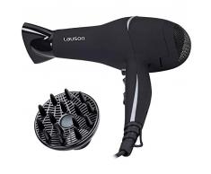 Lauson Asciugacapelli Ionico pieghevole professionale con diffusore, regolazione della temperatura, antiscivolo e con anello di sospensione, motore a corrente alternata, 2000 W, nero