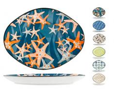 H&H 827174 Set 6 Piatti Ovali, Porcellana, Decori Assortiti, 15.5x20cm
