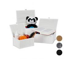Relaxdays Set da 3 Cesti Portaoggetti, Coperchio & Chiusura a Strappo, Cestino Contenitore in bambù, Bianco, Poliestere, 15 x 33 x 25,5 cm