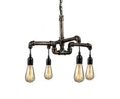 Lampada a Sospensione Kildare, Lampadario In Metallo Forma di Tubo Chandelier Vintage Industriale, 25 x 25 x 40 cm Lampadario Vintage 4 Punti Luce Colore Ottone