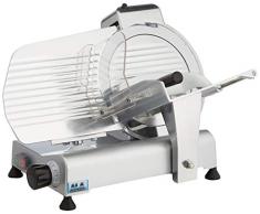 Affettatrice Elettrica A Gravita Corpo Macchina In Alluminio Pressofuso. Lama A Filo Continuo In Acciaio Inox. Parti A Contatto Con Gli Alimenti In Alluminio Anodizzato E Acciaio. Carrello Inclinato A Scorrimento Leggero Che Sfrutta Il Peso DellAlimento