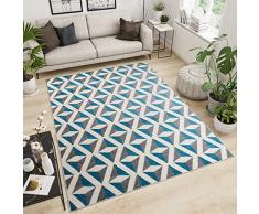 TAPISO MAROKO Tappeto Moderno a Pelo Corto, Geometrico, Zig-Zag, Motivo a Quadri, 3D, in Blu, Grigio, Crema, per Soggiorno, Camera da Letto, ecotex, 120 x 170 cm