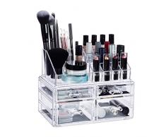Relaxdays Contenitore Cosmetici, Porta-Trucchi con 4 Cassetti, Make-Up Organizer per Rossetti, Smalti, Piccolo Scaffale, Acrilico, 14 x 23,5 x 19 cm