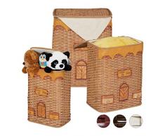 Relaxdays Set da 3 Cestini Portaoggetti, con Coperchio, Realizzati a Mano Giocattoli e Biancheria, Varie Misure, Celeste, Rattan, Tessuto, Cartone, Marrone Chiaro, 3 Pz