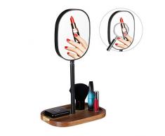 Relaxdays Specchio Trucco, Ripiano in Legno, Metallo, Bagno & Camera, Specchietto Ingrandente, HLP 35x20x14 cm, naturale