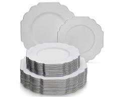 SERVIZIO DA TAVOLA MONOUSO PER FESTE 240 PZ | 120 Piatti Normali | 120 Piattini da Insalata/Dessert | Stile Porcellana Fine ed Elegante | per Cene e Matrimoni Raffinati (Barocco - Bianco)