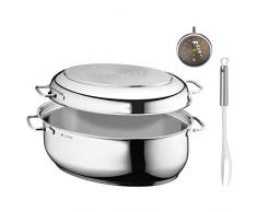WMF 788019999 Set di 3 rostiere Ovale 8,5 l con termometro per arrosti, Inserto, forchetta per Carne, 41 x 28,5 x 18 cm, Coperchio a induzione, in Acciaio Inox Cromargan, Adatto al Forno, 18/10