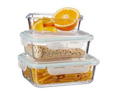 Relaxdays Contenitore per Alimenti, Set da 3 Scatole, Senza Bisfenolo A, Vetro, Ermetici, Coperchio a Clip, Trasparente, 1 pz