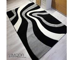 Vimoda Tappeto di Design, a Righe, onde, Tagliata Mano Contorni, Colore Nero Grigio Bianco - Öko-tex Certificato, Dimensioni: 80 cm x 150 cm; Motivo: onde Grigio