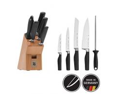 WMF Cuisine Plus - Ceppo portacoltelli con 6 coltelli, 4 coltelli forgiati, 1 affilacoltelli, 1 blocco in faggio, lama in acciaio speciale, tecnologia Performance Cut
