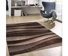 VIMODA Tappeto Moderno Design in Beige Marrone a Strisce Modello sfumato a Pelo Corto con Onde 120 x 170 cm