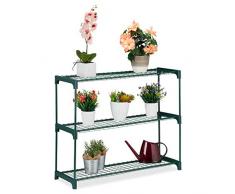 Relaxdays Supporto per Piante, 3 Ripiani, per vasi da Fiori, Interno, Ferro e plastica, 74,5 x 91 x 28,5 cm, Colore: Verde, Acciaio, Confezione da 1
