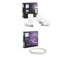 Philips Hue White and Color Ambiance Starter Kit con 3 Lampadine E27, 1 Bridge e 1 Telecomando Dimmer Switch + Hue Lightstrip Striscia LED da 200 cm, Kit Base con Alimentatore, Estendibile fino a 10 m