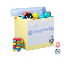 Relaxdays Scatola Portaoggetti Pieghevole, Sgabello da Cameretta, da 20 l, con Dinosauro, 31x32x32 cm, Giallo/Blu, Pannelli MDF, Poliestere, 31 x 32 x 32 cm