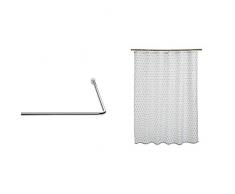 RIDDER 595000-350 Bastone Universale per Tenda Doccia, Diametro 25 mm, in Cromo & AmazonBasics - Tenda da Doccia in Tessuto con Motivo Stampato ad Quadretti, 180 x 200 cm, Colore: Blu