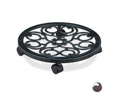 Relaxdays Carrello Portavasi Rotondo, Metallo, Sottovaso da Interni ed Esterni Antico Diametro 38 cm, per Vasi, Verde