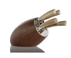 Del Ben SENSE/CUOIO/M/5/29 Set di coltelli con Manico in Corno di Bufalo Colore Chiaro, su Ceppo in Cuoio Nero, 5 Pezzi