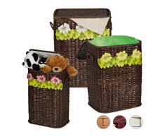Relaxdays Set da 3 Cestini Portaoggetti, Coperchio, Realizzati a Mano, Giocattoli e Panni, Varie Misure, Marrone Scuro, Rattan, Tessuto, Cartone, 3 Pz