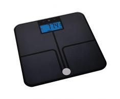 Emos pesapersone Funzione BMI e Memory, Pesi/Peso, Bilancia Digitale in Vetro di Sicurezza, Misura Il Grasso corporeo, Massa Muscolare, Acqua/batterie in Dotazione, Nero, 319 x 319 x 25 mm