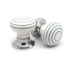 Pushka Home coppia di ceramica grigio a righe bianco interno a pomello a molla. tornitura porta maniglie per porte interne. In un grazioso design con base cromata e grigio a strisce colorate su sfondo bianco. Fornito con mandrino da bar e viti.