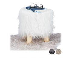 Relaxdays Sgabello con Pelliccia, Morbido, 4 Gambe in Legno, Poggiapiedi Imbottito, Pelo Sintetico, Rotondo, Decorativo, HxD: 31x31 cm, Bianco