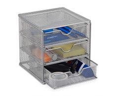 Relaxdays 10022485_55 Box Portaoggetti da Scrivania, con Cassetti, Articoli Cancelleria Ufficio, Metallo, HxLxP 17x16x17cm, Argento